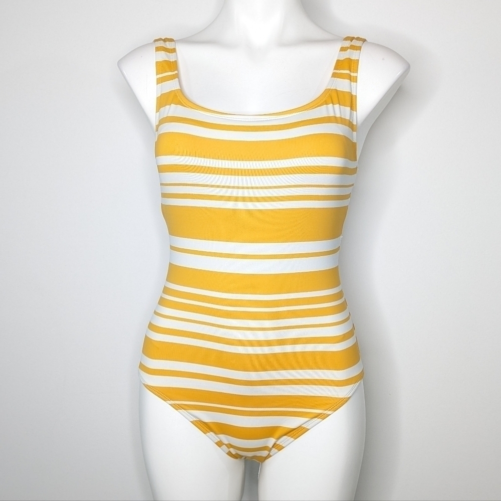 Tommy Bahama yellow white striped strappy back one piece swimsuit 8